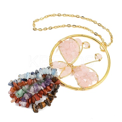 Butterfly Brass & Natural Rose Quartz Pendant Decorations HJEW-Z007-04G-04-1