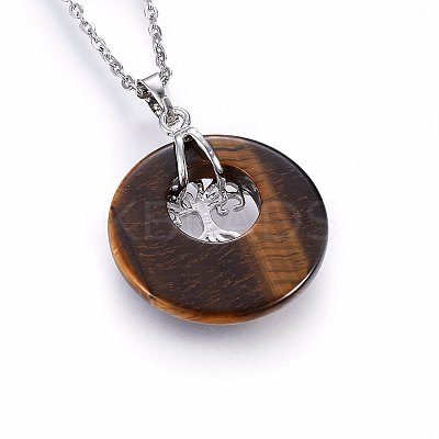Natural Tiger Eye Flat Round Pendants G-I357-A04-1