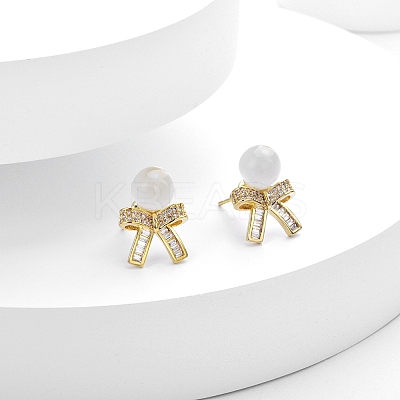 Bowknot Brass Micro Pave Clear Cubic Zirconia Stud Earrings for Women EJEW-Q391-26G-1