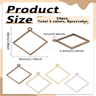 24Pcs 3 Colors Rack Plating Alloy Rhombus Open Back Bezel Pendants FIND-LP0004-79-1