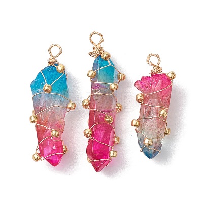 Copper Wired Electroplated Natural Quartz Crystal Pendants PALLOY-JF02626-04-1