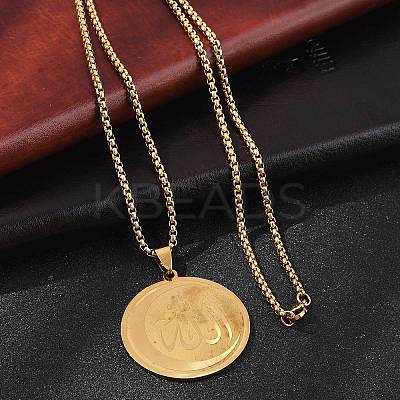 201 Stainless Steel Flat Round with Arabic Pendant Box Chain Necklaces for Women Men LS-NJEW-R013-03G-1