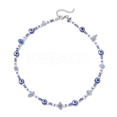 Natural Blue Aventurine(Dyed & Heated) Chip & Resin Evil Eye & Glass Seed Beaded Necklaces NJEW-JN05294-1