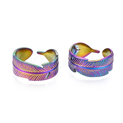 304 Stainless Steel Feather Wrapped Cuff Ring RJEW-N038-061-1