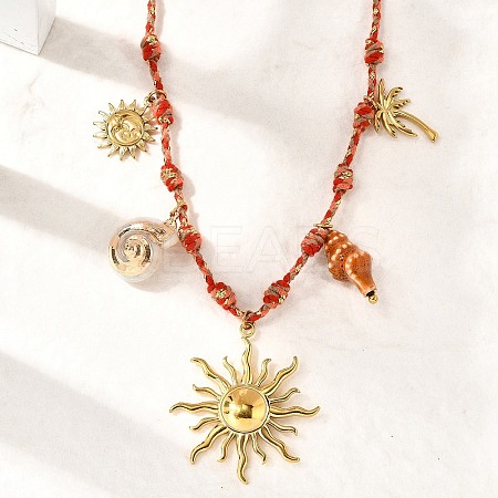 Summer Beach 304 Stainless Steel & Electroplated Natural Shell Pendant Adjustable Polyester Cord Necklaces for Women NJEW-F348-01D-G-1
