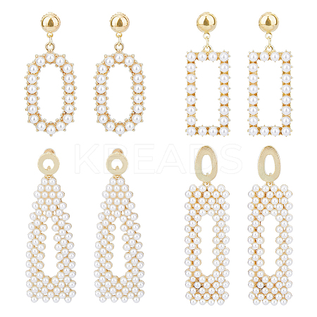4 Pairs 4 Style Golden Alloy Geometry Dangle Stud Earrings with Plastic Imitation Pearl Beaded for Women EJEW-FI0002-57-1
