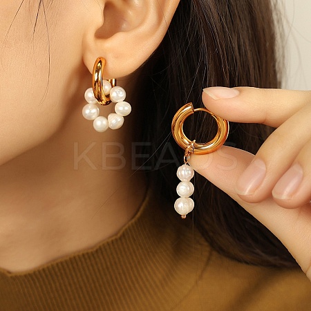 304 Stainless Steel & Freshwater Pearl Asymmetric Hoop Earrings EJEW-S254-01G-1