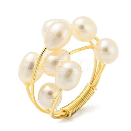 Natural Pearl Beaded Finger Ring RJEW-H220-20G-1