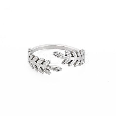 Non-Tarnish 304 Stainless Steel Leaf Open Cuff Ring for Women RJEW-S405-190P-1