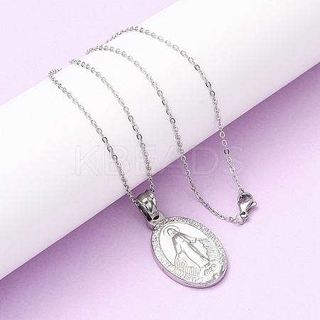 304 Stainless Steel Oval with Virgin Mary Pendant Necklaces for Women NJEW-B149-02P-1