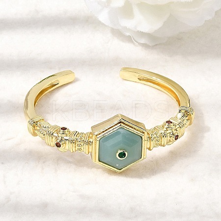 Hexagon Brass Pave Natural Labradorite & Cubic Zirconia Cuff Bangles for Women BJEW-Z172-01G-08-1