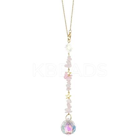 Round Glass & Natural Rose Quartz Chips Hanging Suncatchers HJEW-JM04209-03-1