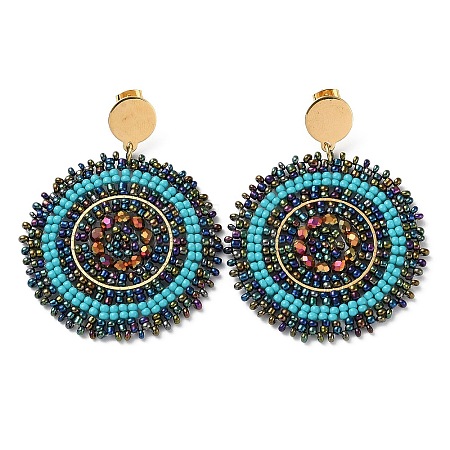 Woven Glass Beaded Flat Round Dangle Stud Earrings EJEW-A105-13G-1