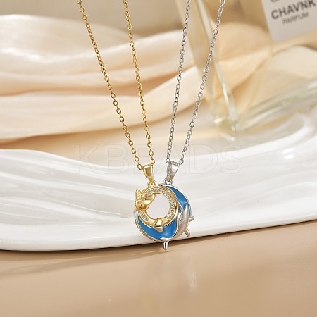 2Pcs Brass Micro Pave Clear Cubic Zirconia Enamel Magnetic Pendant Necklaces with 304 Stainless Steel Cable Chain WG04DA7-06-1