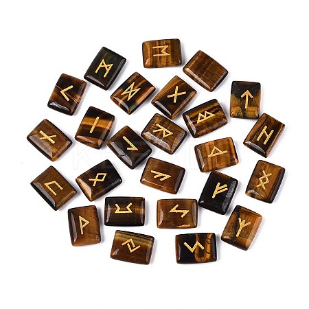 25Pcs Rectangle Natural Tiger Eye Rune Stones with Elder Futhark Alphabet Engraved G-T142-35-1