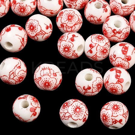 Floral Printed Porcelain Beads PORC-Q202-10mm-1-1