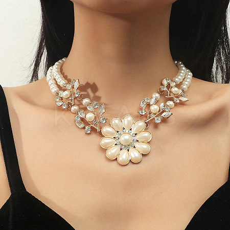 Alloy Crystal Rhinestone Flower Pendant Round Imitation Pearl Double Layer Necklaces for Women FS-WG4730C-01-1