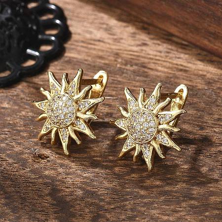 Sun Shape Clear Cubic Zirconia Hoop Earring EJEW-C002-10G-RS-1