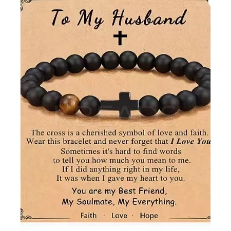 Cross Natural Tiger Eye & Frosted Black Obsidian Round Beads Stretch Bracelets for Men Women WG92FBF-10-1