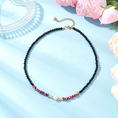 Shell Pearl & Faceted Round Black Glass Beaded Necklaces NJEW-JN05455-1