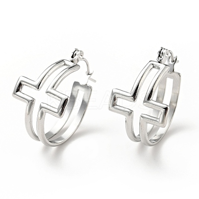 Non-Tarnish 304 Stainless Steel Cross Hoop Earrings for Women EJEW-G293-02P-1