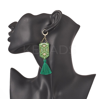 Glass Seed Hexagon with Cotton Tassel Dangle Leverback Earrings EJEW-MZ00045-1