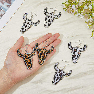 3 Pairs 3 Colors Imitation Leather Cattle Head Dangle Earrings for Women EJEW-FI0002-36-1