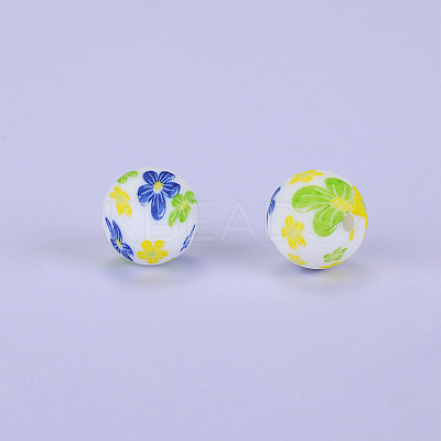 Printed Round with Flower Pattern Silicone Focal Beads SI-JX0056A-199-1