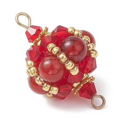 Natural Carnelian(Dyed & Heated) Round and Glass Seed Beaded Lantern Links Connector Charms PALLOY-MZ01176-03-1