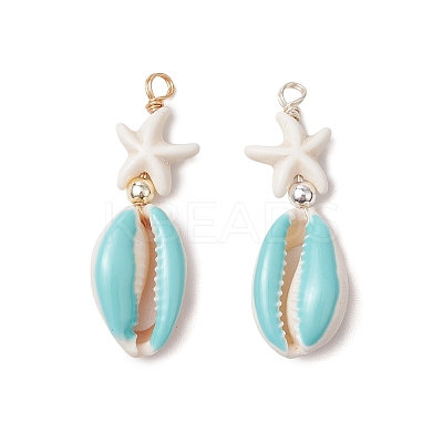 2Pcs 2 Colors Cowrie Shell Enamel & Synthetic Turquoise Starfish Pendants PALLOY-JF03406-1