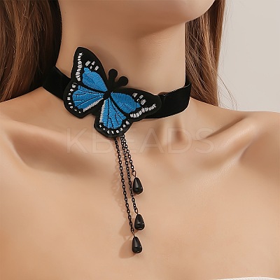 Gothic Alloy Rhinestone Black Lace Blue Butterfly Choker Necklaces for Women FS-WG02494-03-1