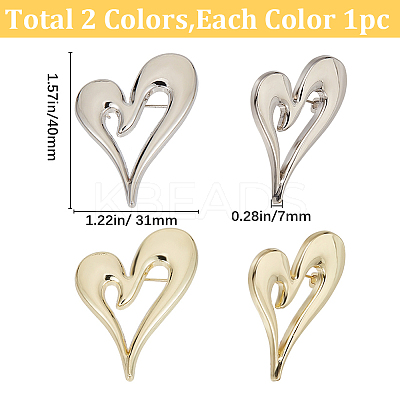 2Pcs 2 Colors Alloy Heart Brooch Pin JEWB-CP0001-61-1