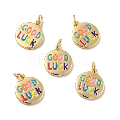 Flat Round with Word Good Luck Brass Enamel Pendants KK-G419-27G-1