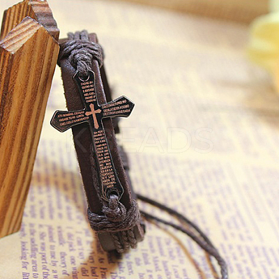 Adjustable Cross with Word Iron Braided Leather Cord Bracelets BJEW-P0001-02A-1
