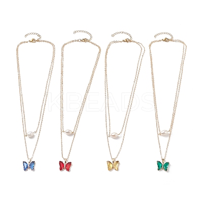 4Pcs 4 Color Glass Butterfly & Natural Pearl Pendants Double Layer Necklaces Set with Clear Cubic Zirconia NJEW-TA00043-1