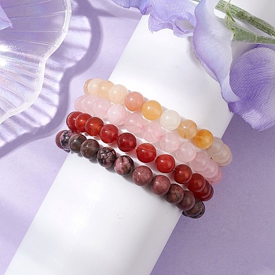4Pcs Constellation 8mm Round Natural Rhodonite & Rose Quartz & Dyed Jade & Carnelian Beaded Stretch Bracelets for Women BJEW-JB10642-1