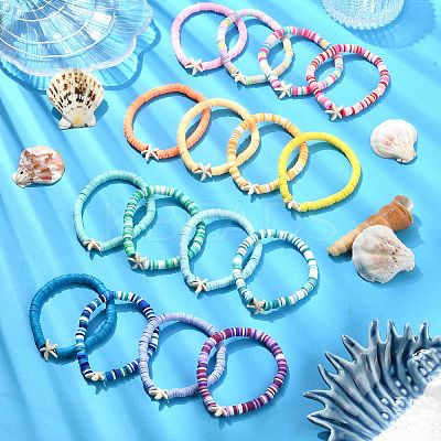 16Pcs 16 Styles Summer Starfish Synthetic Turquoise Bracelet Sets BJEW-JB10912-1