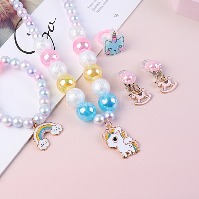 Cute Unicorn Alloy Plastic Children's Beaded Necklace & Bracelet & Cuff Ring & Clip-on Earring Jewelry Sets for Girl's FS-WGF4311-03-1