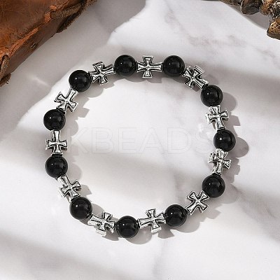 Natural Black Onyx Round Beads Stretch Bracelets BJEW-JB12343-01-1