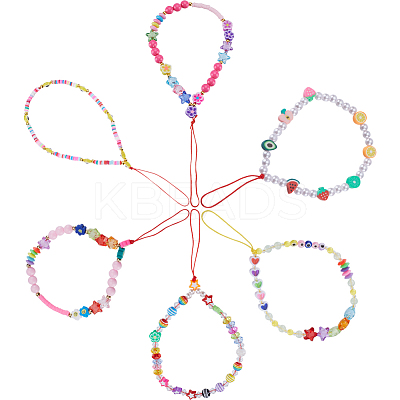 6Pcs 6 Styles Handmade Polymer Clay & Plastic Beaded Mobile Straps HJEW-GF0001-43-1