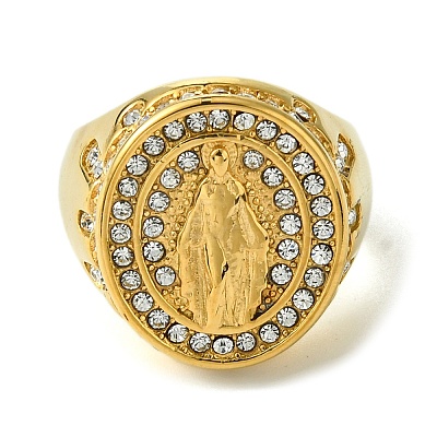 Ion Plating(IP) Oval with Saint 304 Stainless Steel Rhinestone Signet Rings RJEW-Q815-01G-M-1