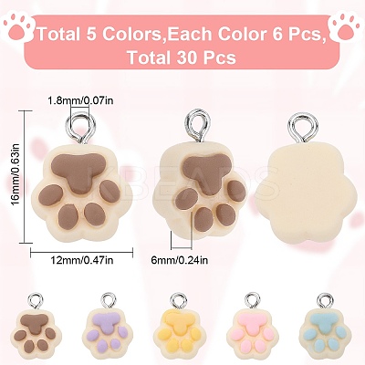30Pcs 5 Colors Opaque Resin Paw Print Pendants CRES-SC0002-69-1