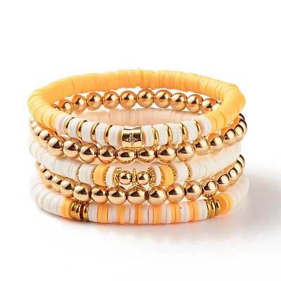 5Pcs 5 Style Synthetic Hematite & Polymer Clay Heishi Beads Stretch Bracelets Set BJEW-JB07533-01-1