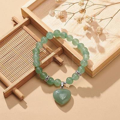 Natural Green Aventurine Round Beaded Stretch Bracelet with Heart Charm BJEW-JB09019-05-1