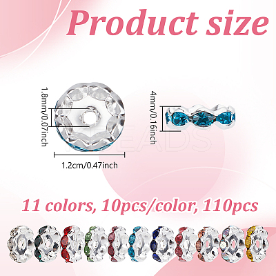 110Pcs 11 Colors Alloy Rhinestone Spacer Beads FIND-UN0007-23-1
