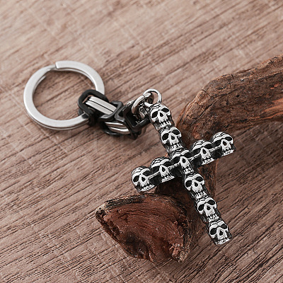 304 Stainless Steel Skull-shape Cross Keychains HC7516-1