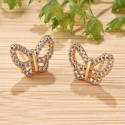 Butterfly Brass Micro Pave Clear Cubic Zirconia Stud Earrings for Women EJEW-G428-07G-1