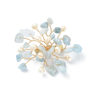 Natural Aquamarine Chips & Pearl Beaded Flower Brooch Pin JEWB-BR00098-04-1