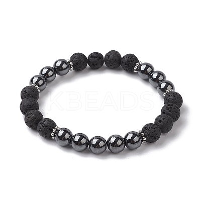 8mm Round Synthetic Non-Magnetic Hematite & Natural Lava Rock Beaded Stretch Bracelets for Women Men BJEW-JB10533-04-1