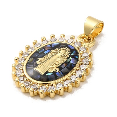 Rack Plating Brass Micro Pave Cubic Zirconia with Shell Pendants KK-P241-44G-02-1